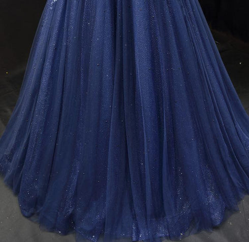 Gothic Navy Blue Off-Shoulder Wedding Dress - Designer Sequin Gown - Long Sleeve Wedding Dress Plus Size
